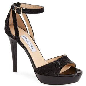 Jimmy Choo London Black Kayden Ankle Strap Sandal 40.5 Leather Suede Glitter